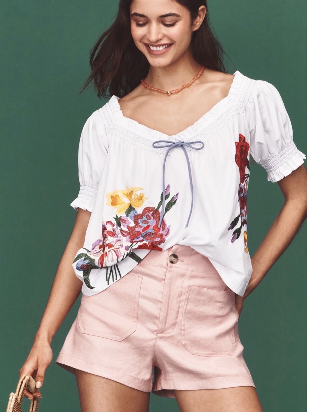 Anthropologie Cream Peasant Blouse with Red, Purple & Yellow Floral Embroidery